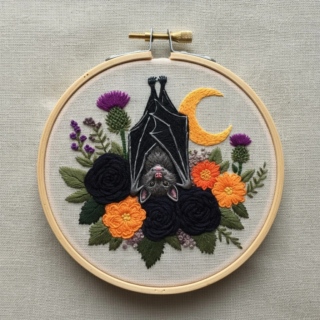 Embroidered Bat and Floral Hoop Art