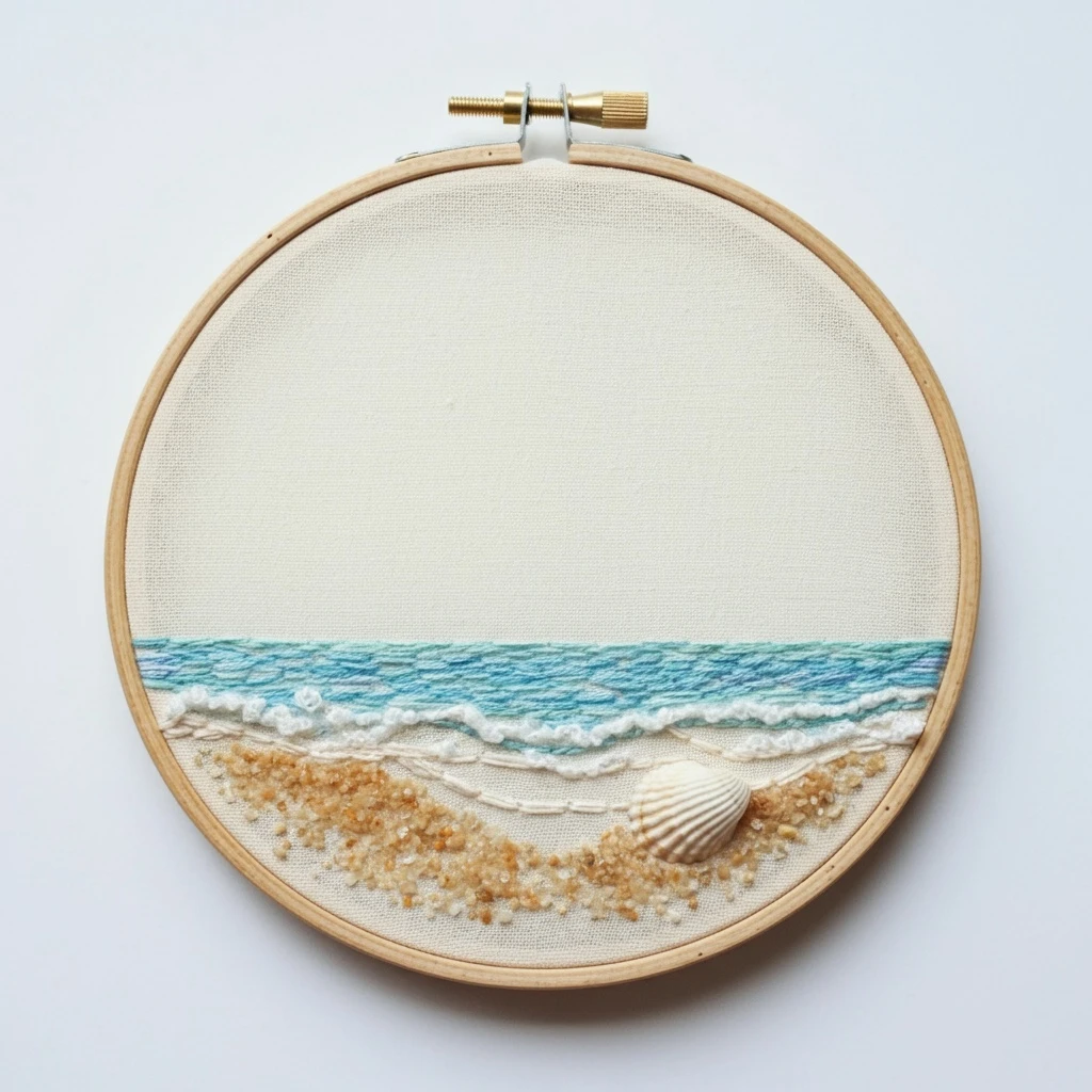 Embroidered Beach Scene with Seashell