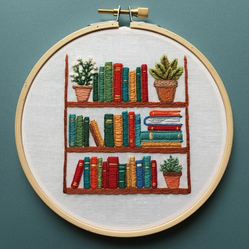Embroidered Bookshelf Still Life
