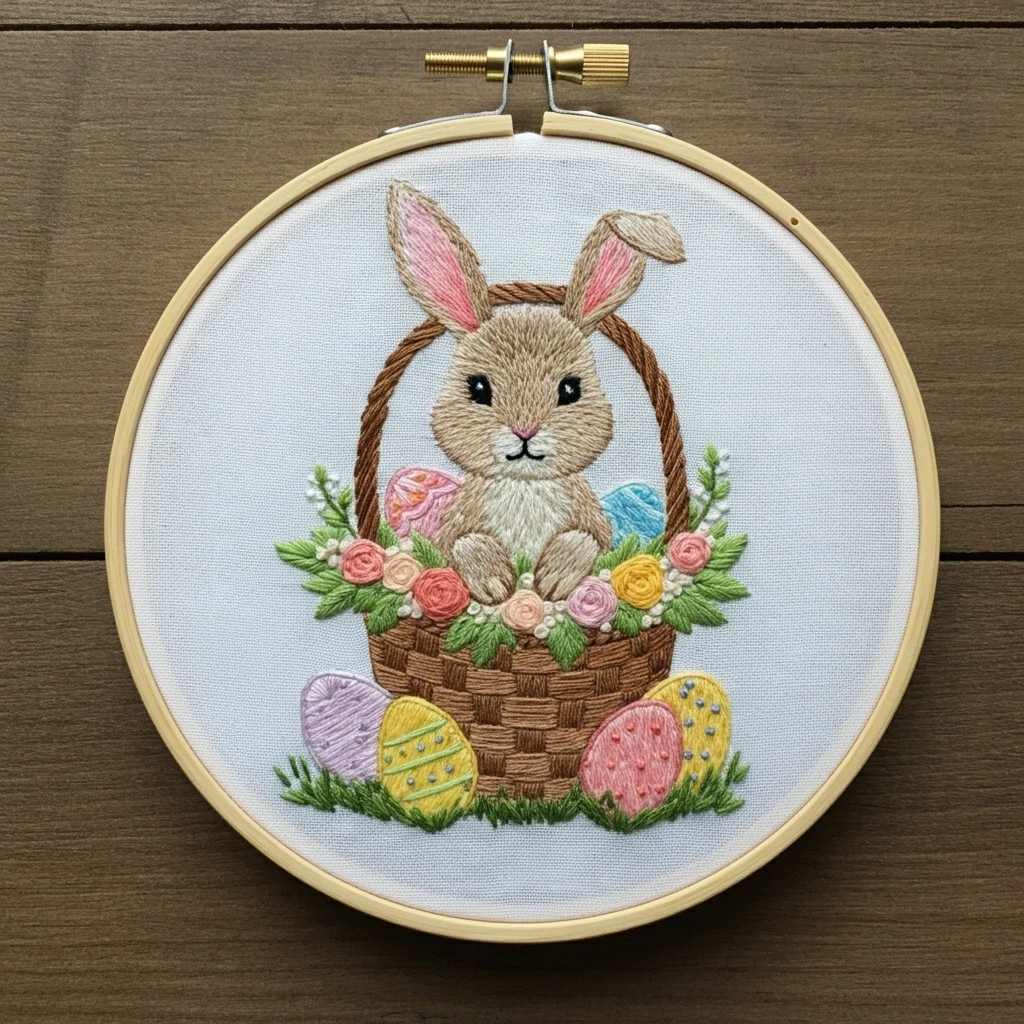 Embroidered Bunny in an Easter Basket