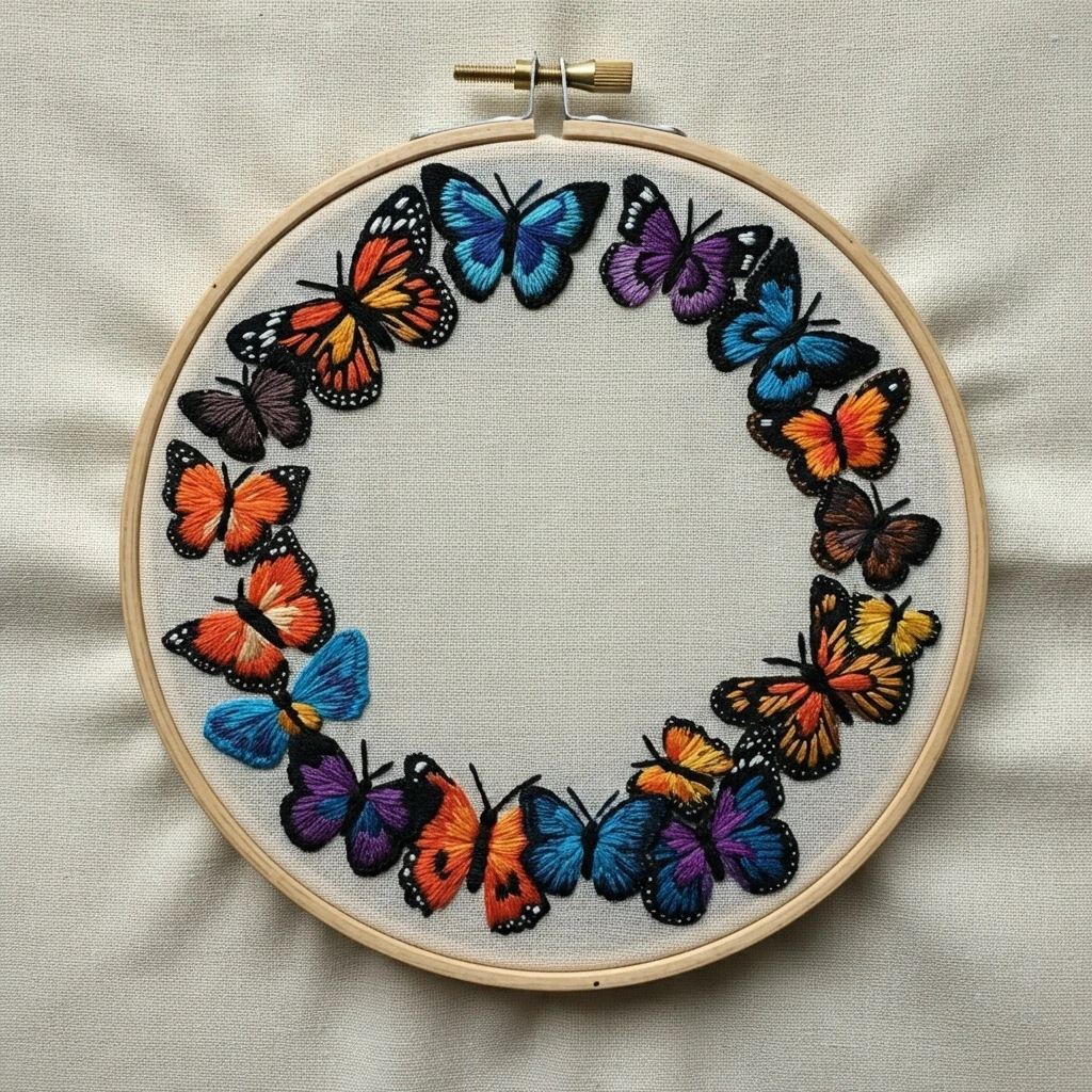 Embroidered Butterfly Wreath Hoop Art