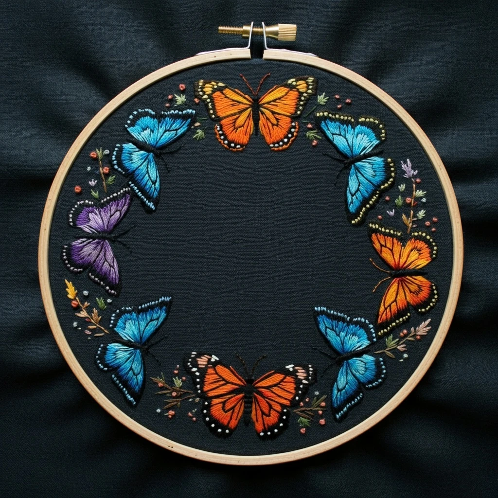 Embroidered Butterfly Wreath on Black Fabric