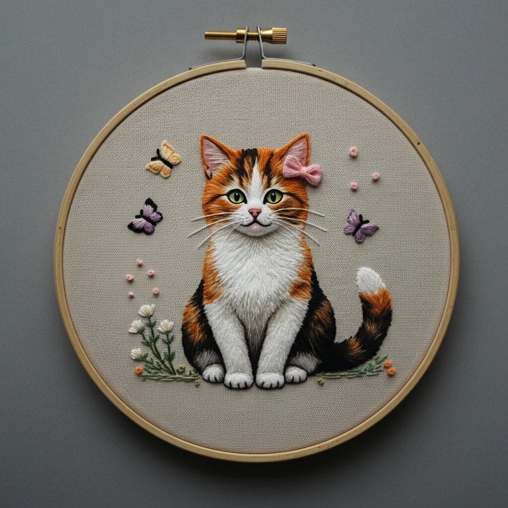Embroidered Calico Cat with Butterflies