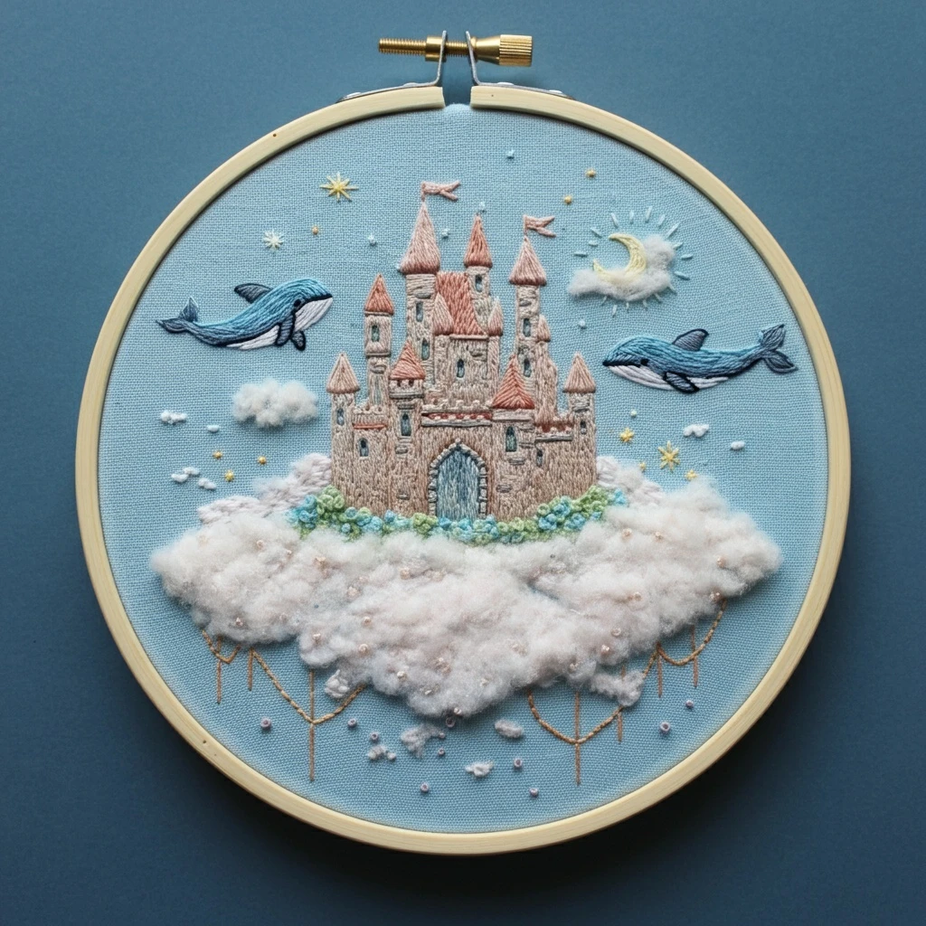 Embroidered Castle on a Cloud with Flying Whales
