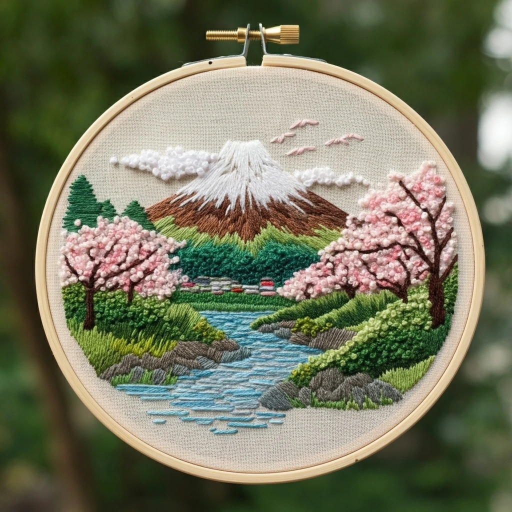 Embroidered Cherry Blossoms and Mount Fuji