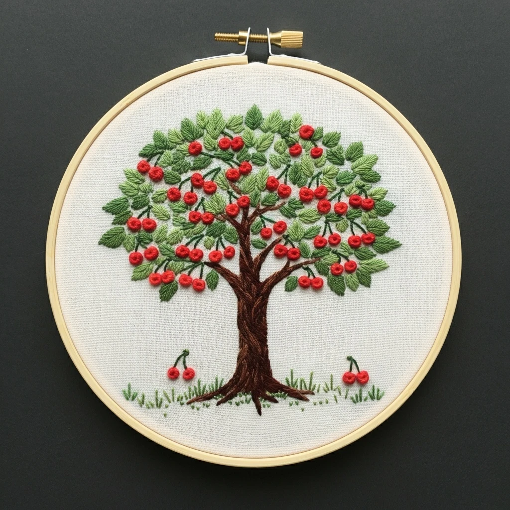 Embroidered Cherry Tree in Hoop