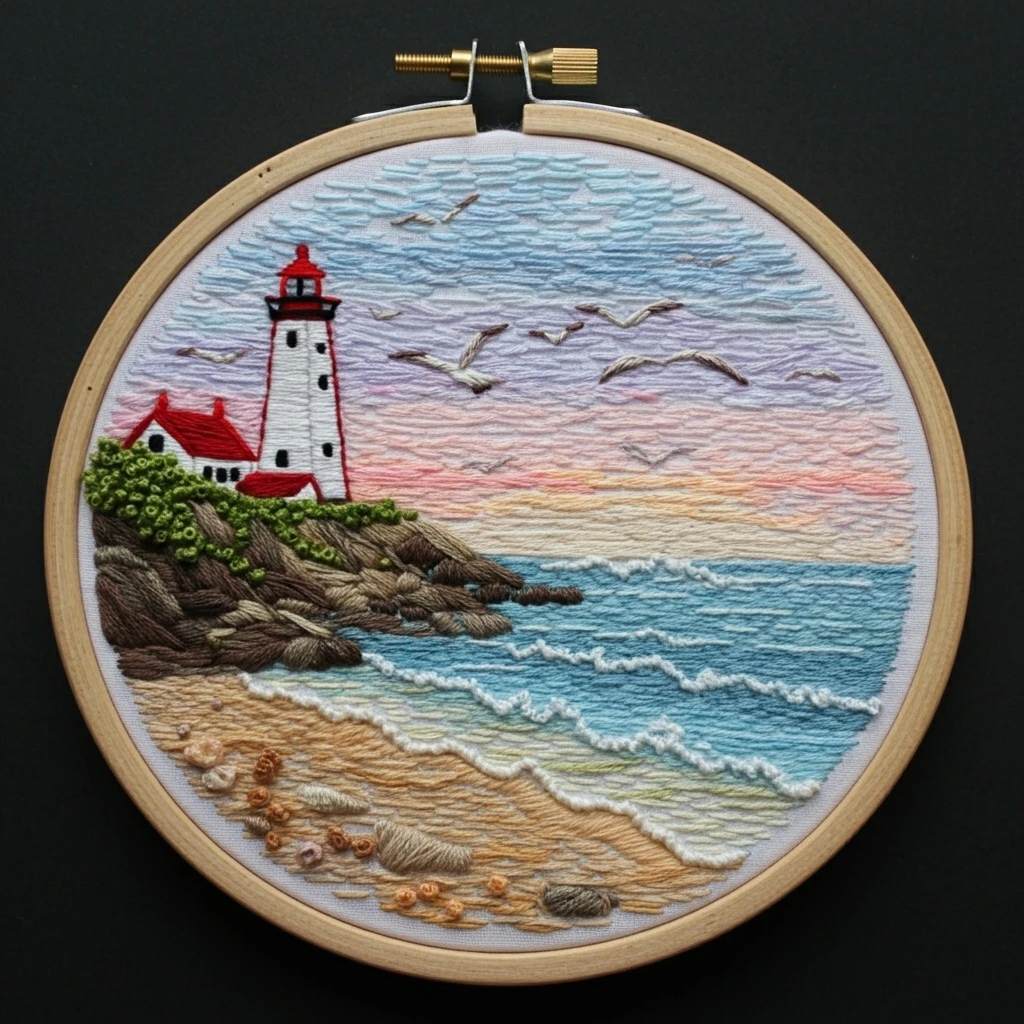 Embroidered Coastal Lighthouse Sunset