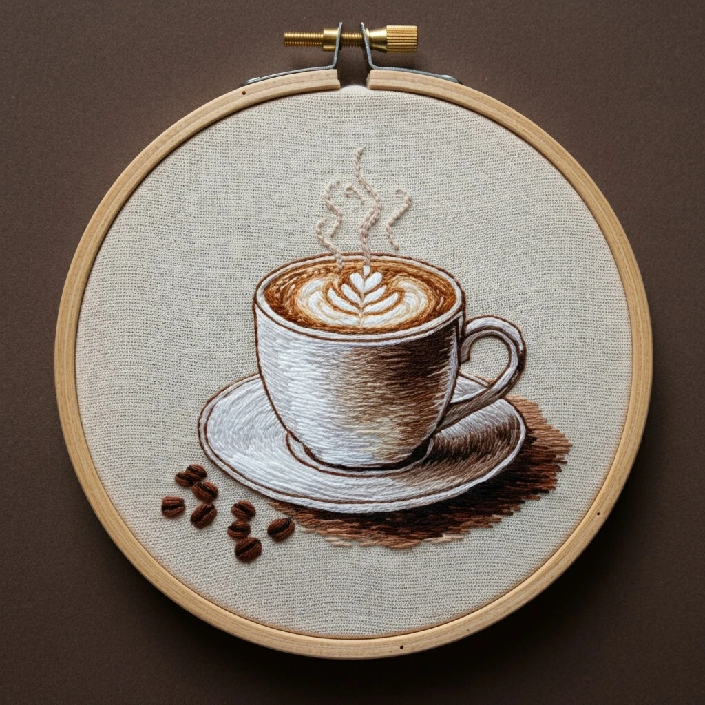Embroidered Coffee Cup with Latte Art and Beans