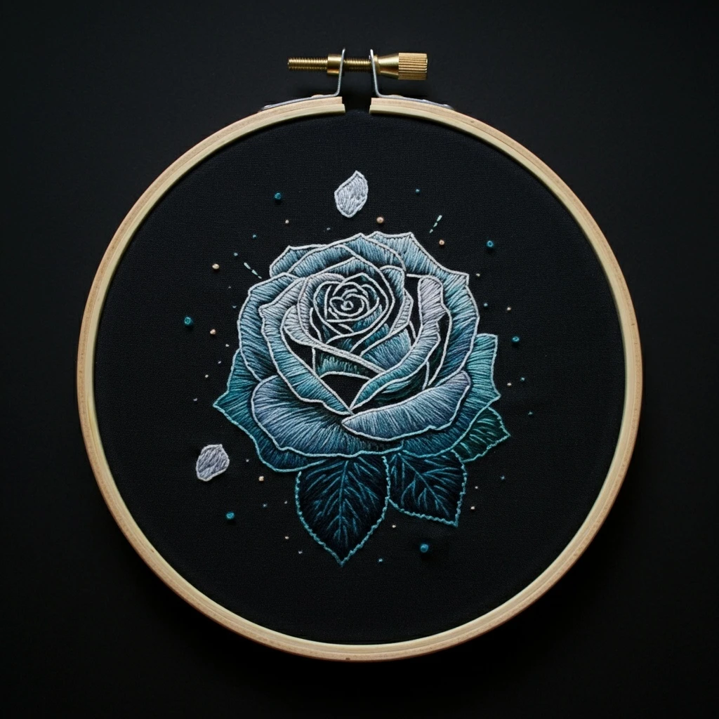 Embroidered Cyan Rose on Black