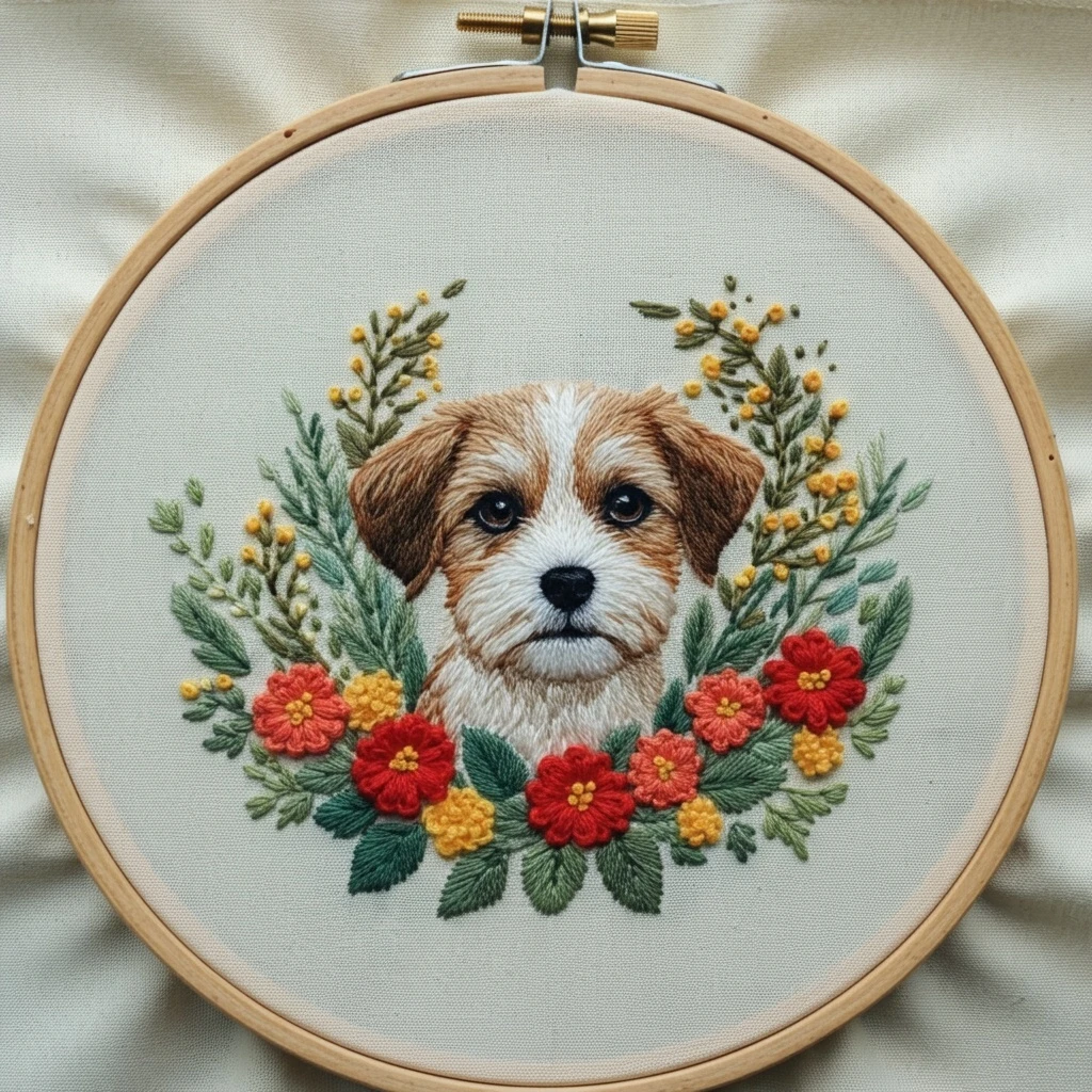 Embroidered Dog Portrait in Floral Wreath