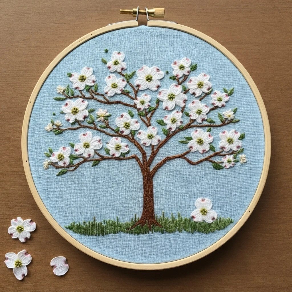 Embroidered Dogwood Tree Blooming in Spring