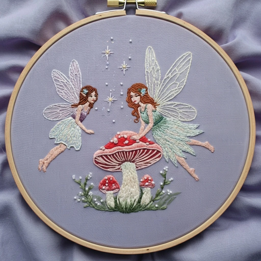 Embroidered Fairies and Mushroom Scene