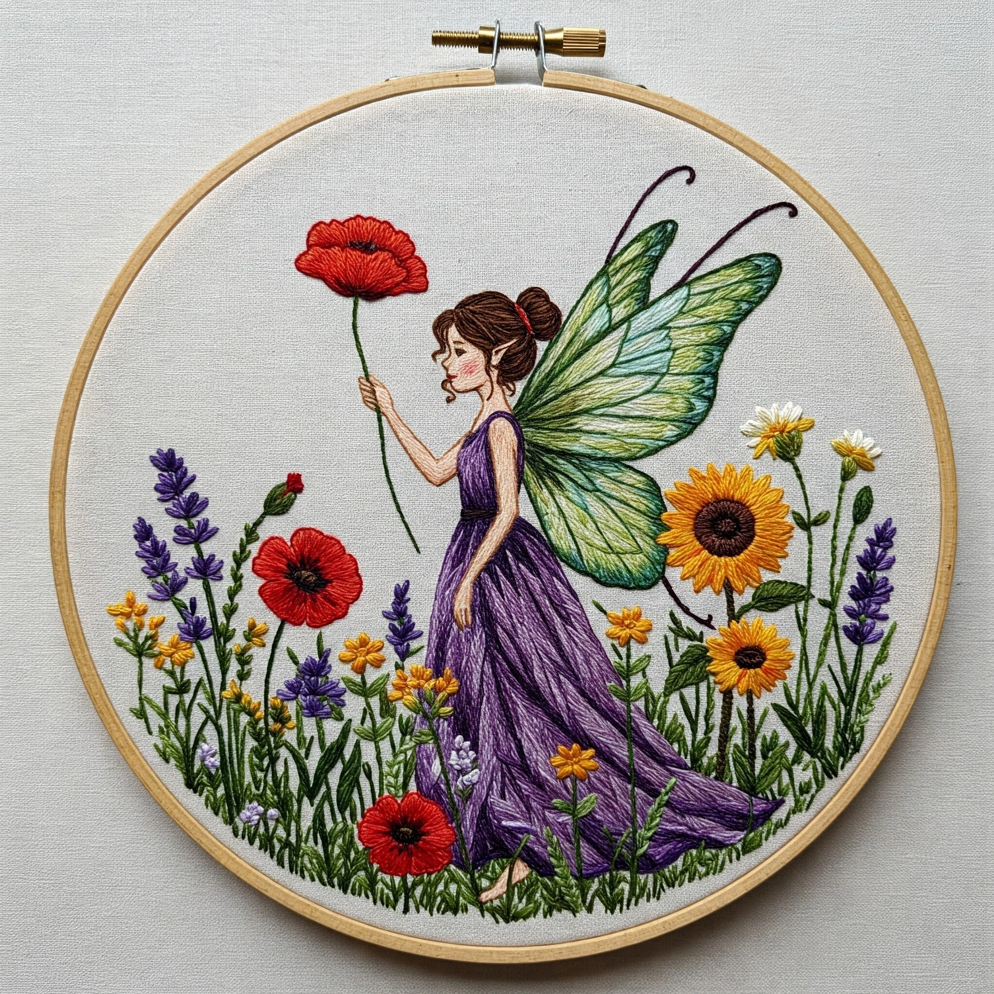 Embroidered Fairy with Poppy in a Wildflower Meadow