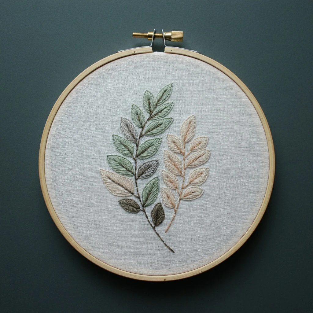 Embroidered Fern Leaves in Neutral Tones