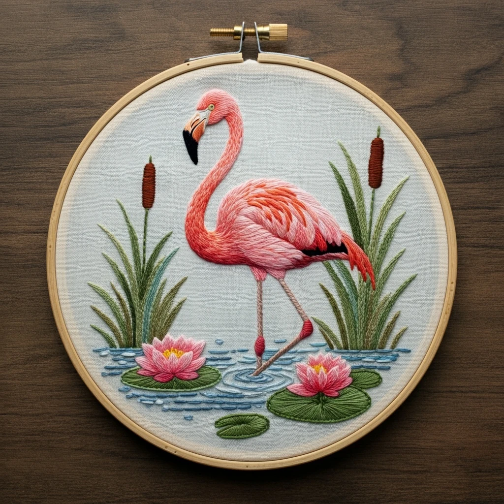 Embroidered Flamingo in a Lily Pond