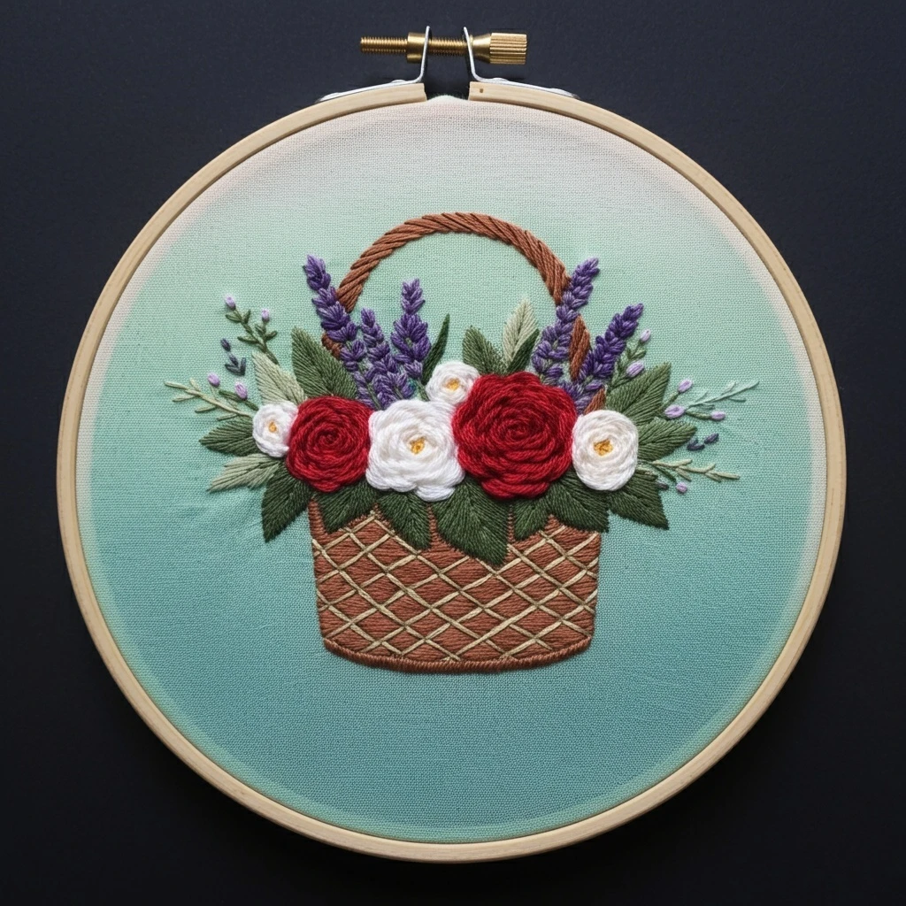 Embroidered Floral Basket Hoop Art