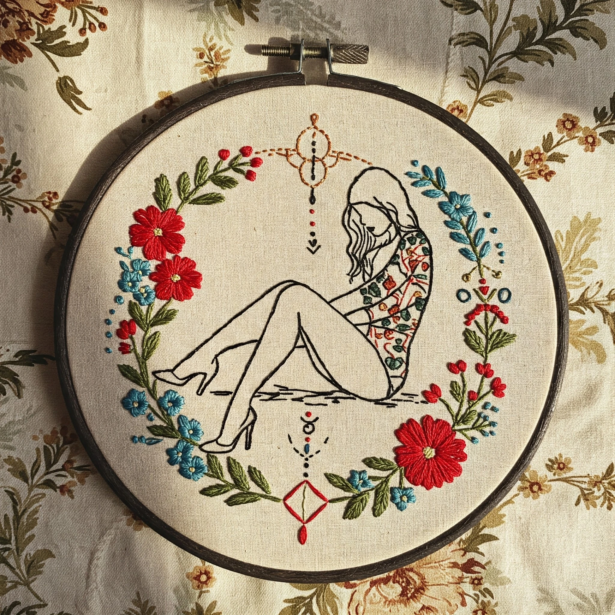 Embroidered Floral Wreath with Stylized Figure