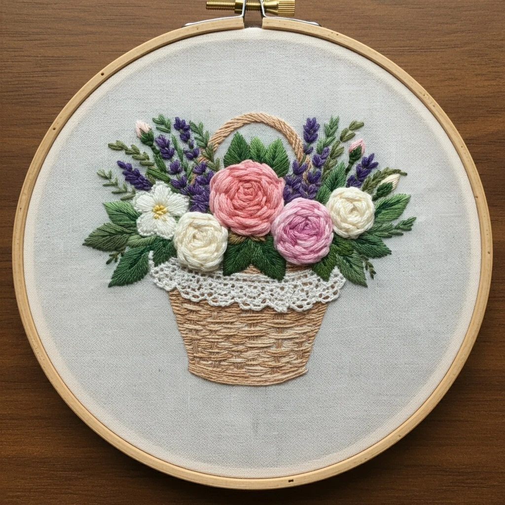 Embroidered Flower Basket Hoop Art
