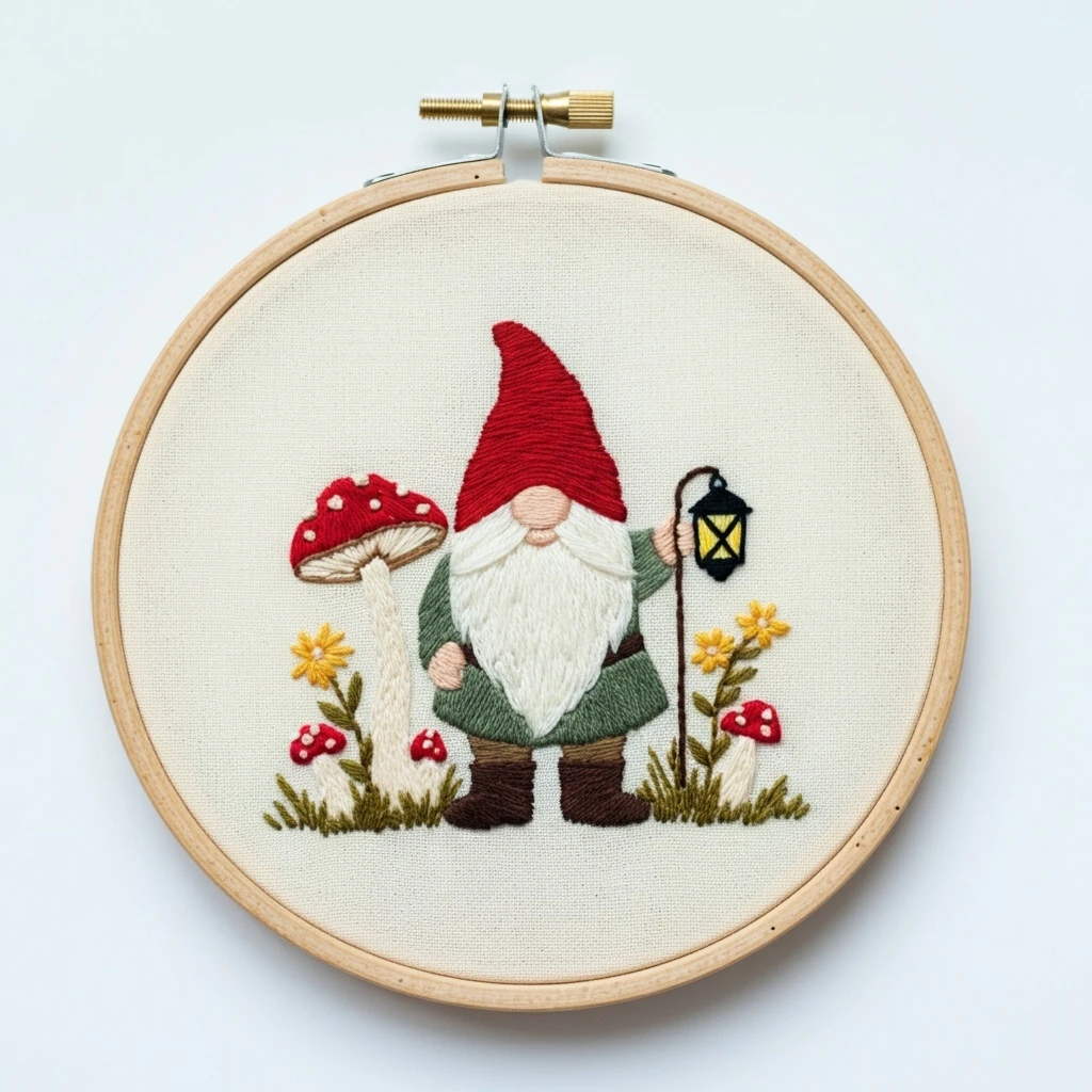 Embroidered Forest Gnome with Lantern and Mushrooms
