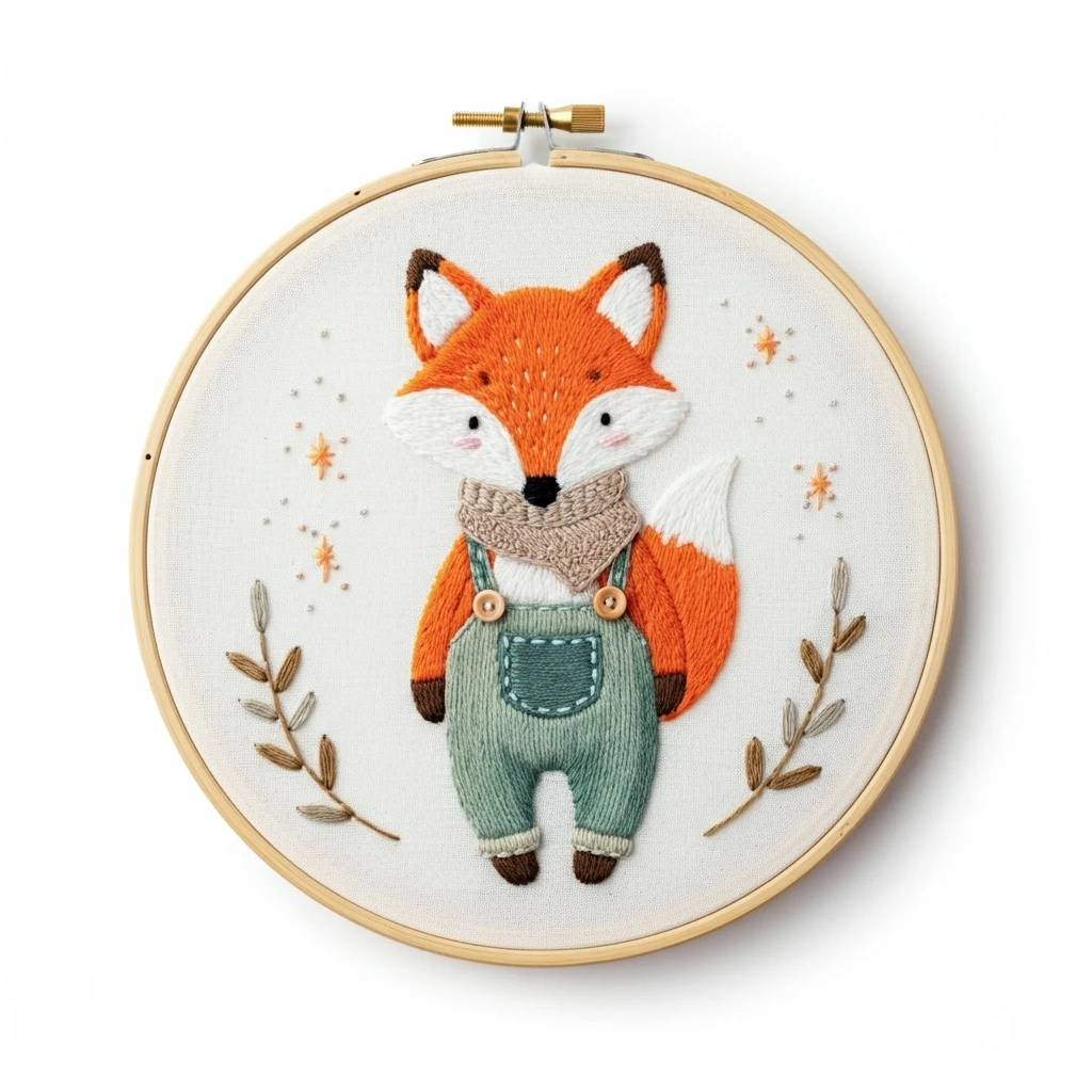 Embroidered Fox in Overalls Hoop Art