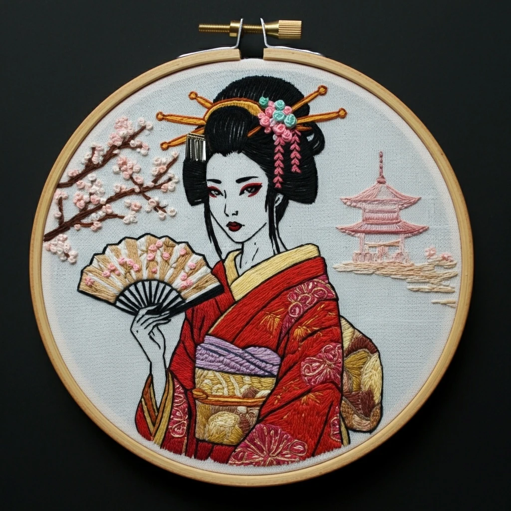 Embroidered Geisha with Cherry Blossoms and Pagoda