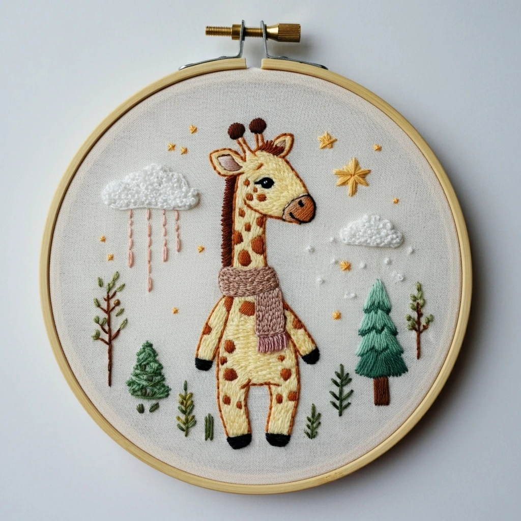 Embroidered Giraffe in a Winter Landscape