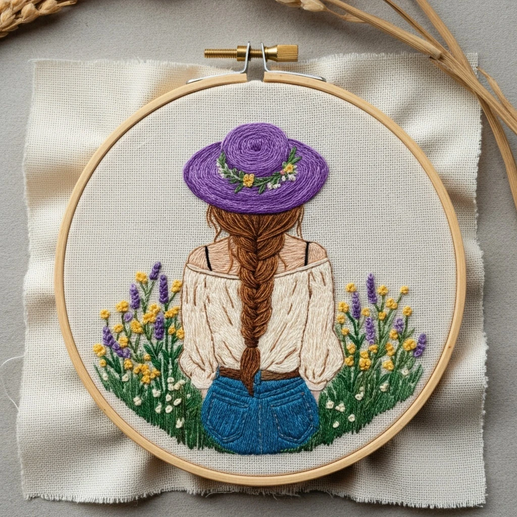 Embroidered Girl in a Lavender Hat
