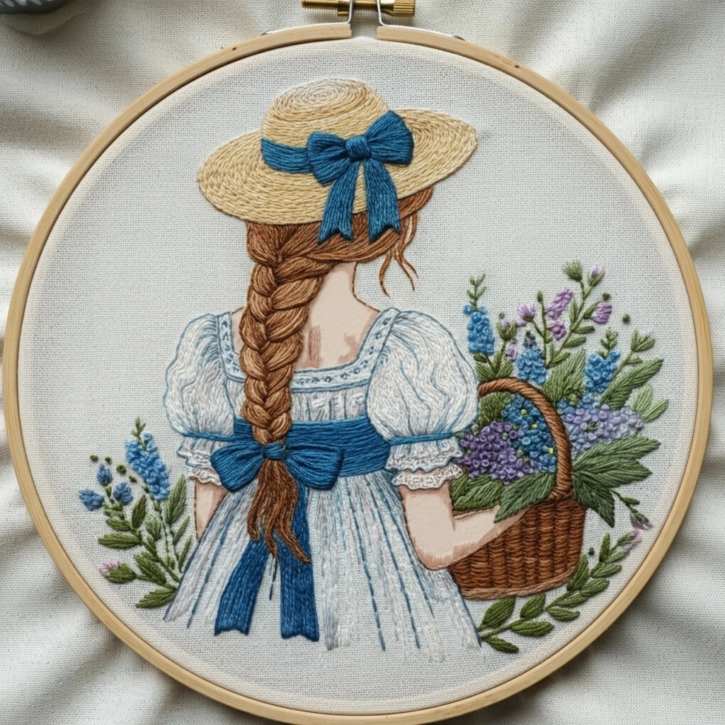 Embroidered Girl with Flower Basket