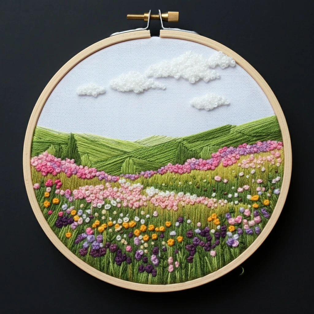 Embroidered Hillside Meadow Landscape