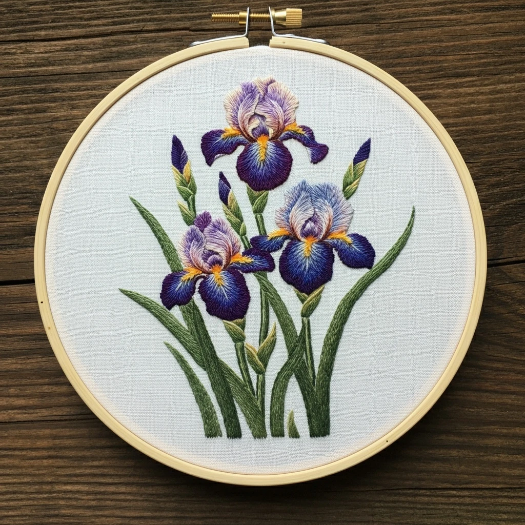 Embroidered Irises in Hoop