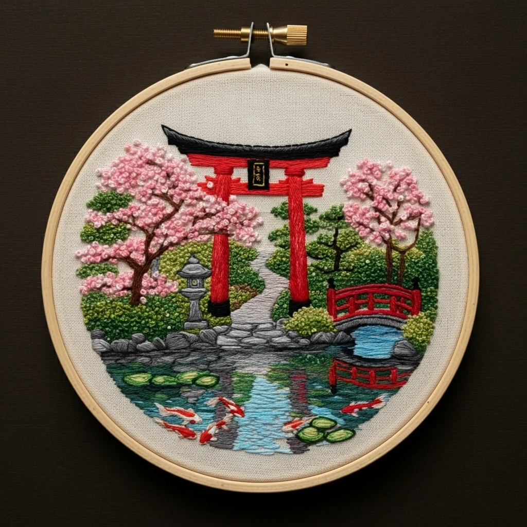 Embroidered Japanese Garden Torii Gate Scene