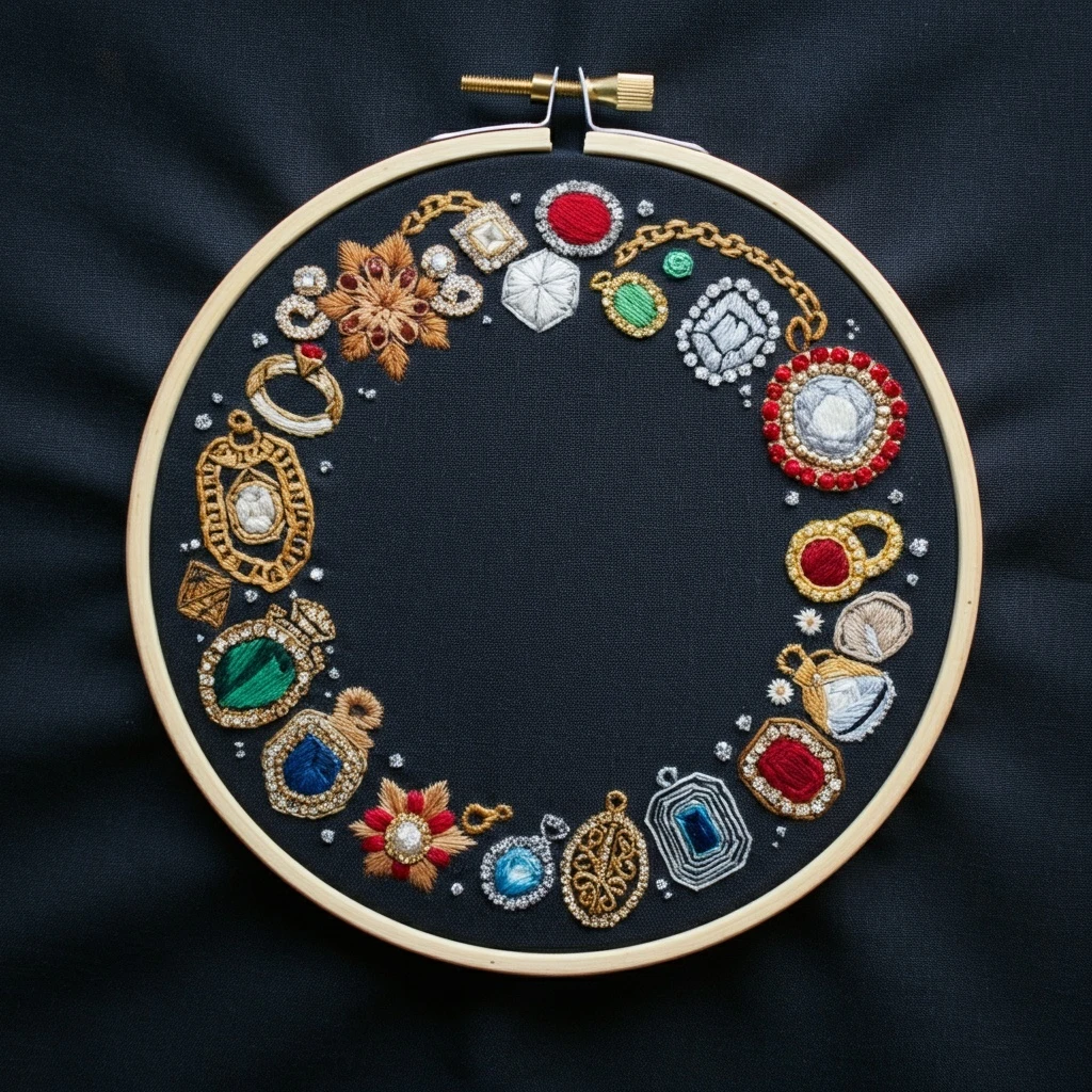 Embroidered Jewel Wreath on Black Fabric