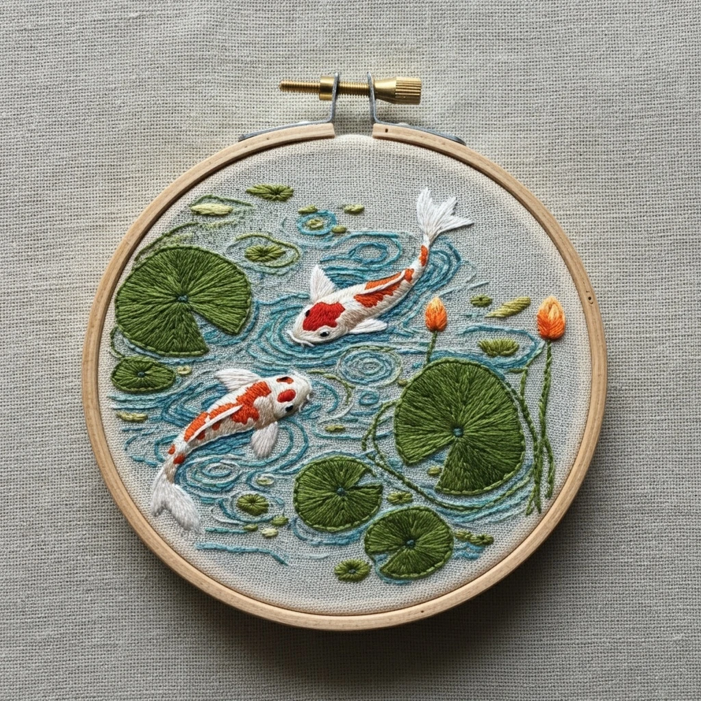 Embroidered Koi Pond Scene