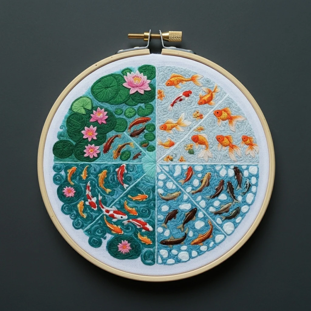 Embroidered Koi and Goldfish Seasons Hoop