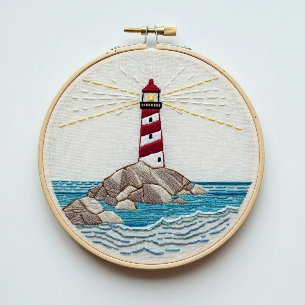 Embroidered Lighthouse on Rocky Shore