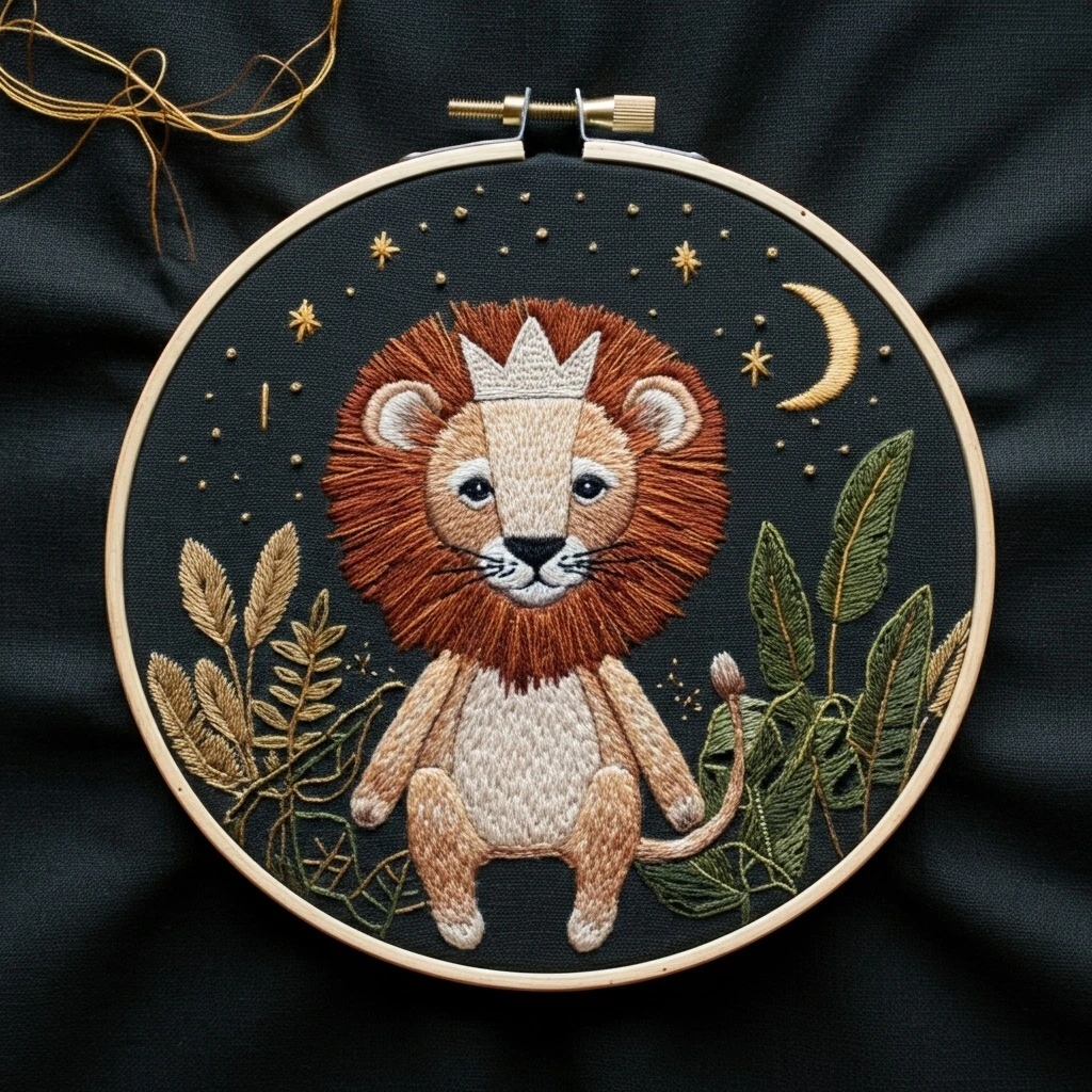 Embroidered Lion King with Crown in a Starry Jungle Setting
