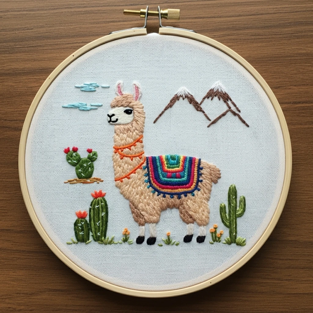 Embroidered Llama in a Mountain and Cactus Landscape