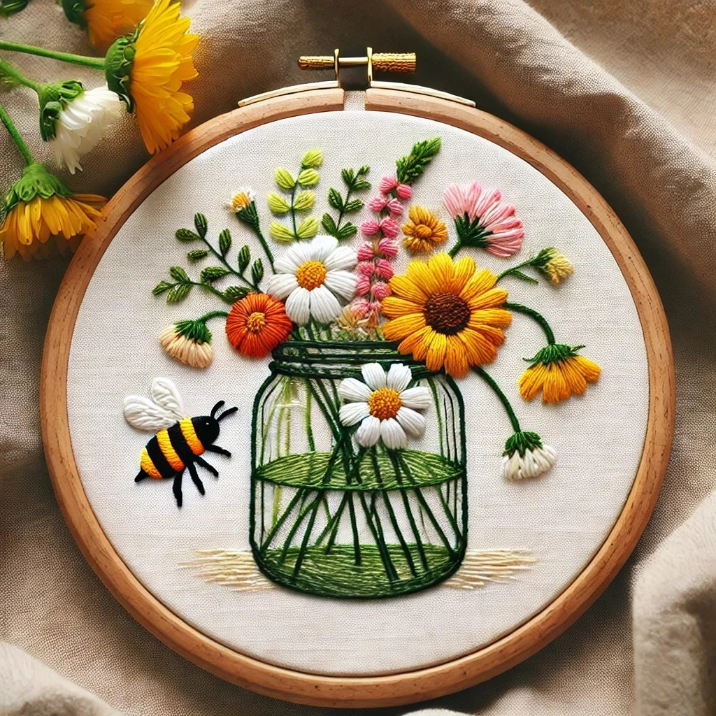 Embroidered Mason Jar Floral Bouquet with Bee