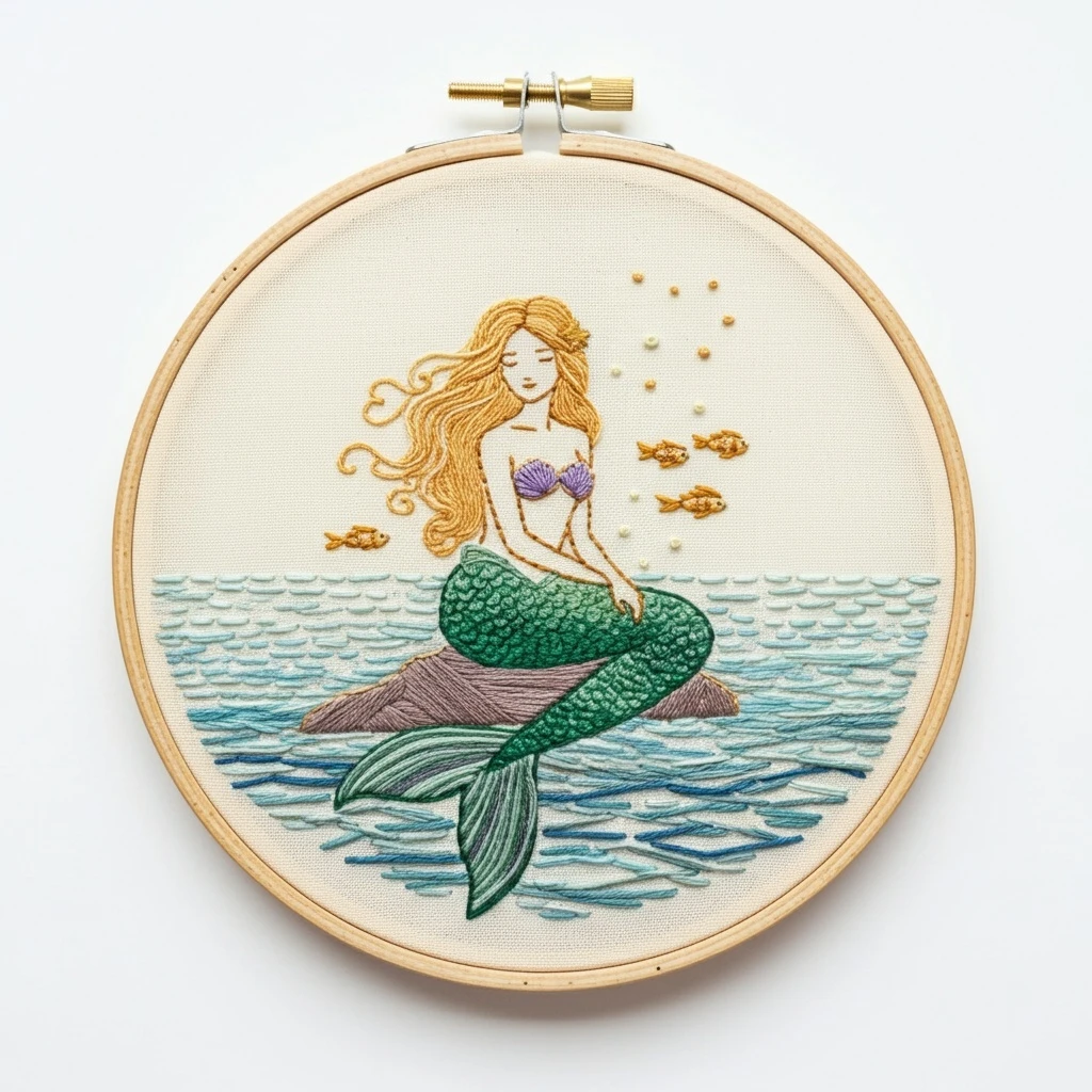 Embroidered Mermaid Sitting on a Rock