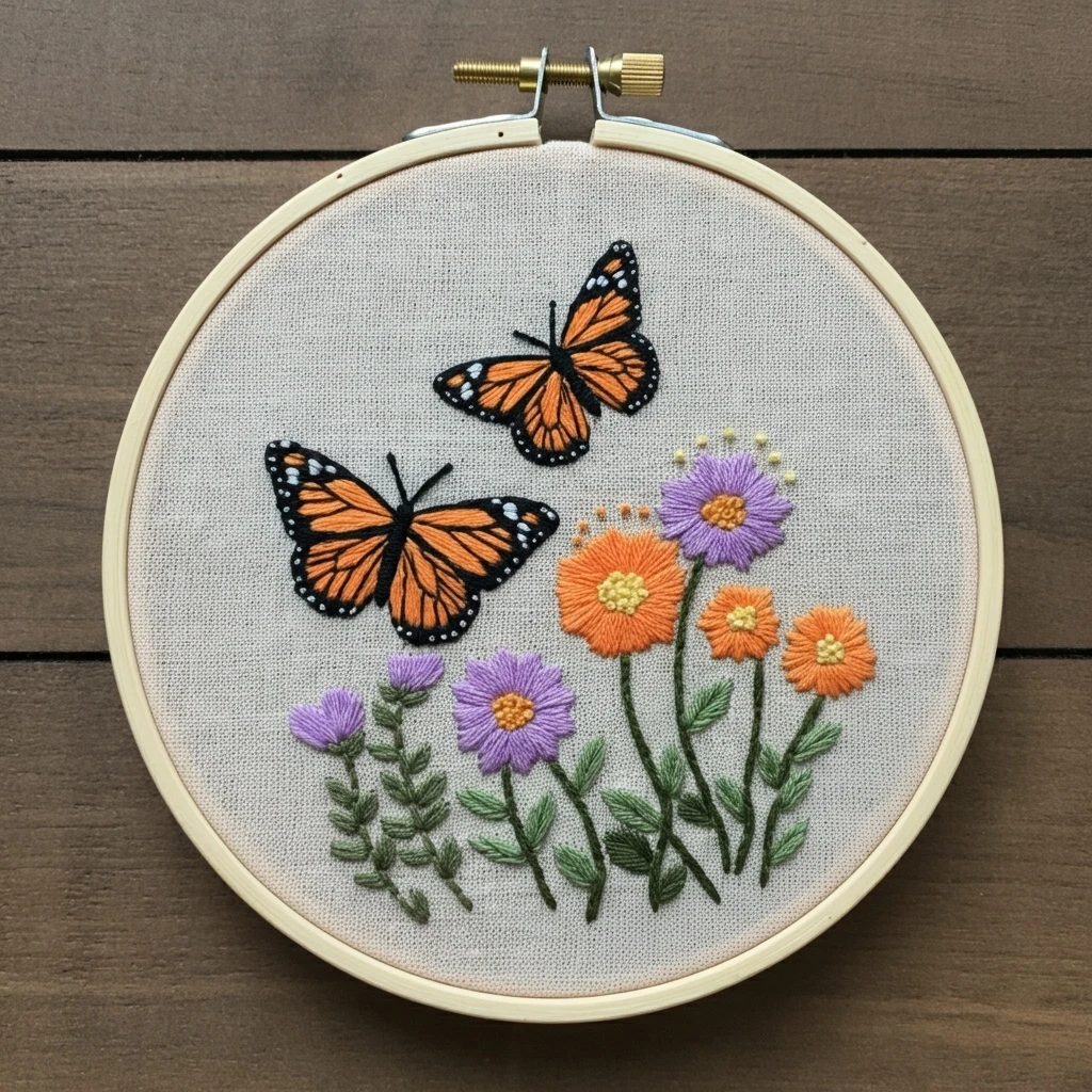 Embroidered Monarch Butterflies and Wildflowers