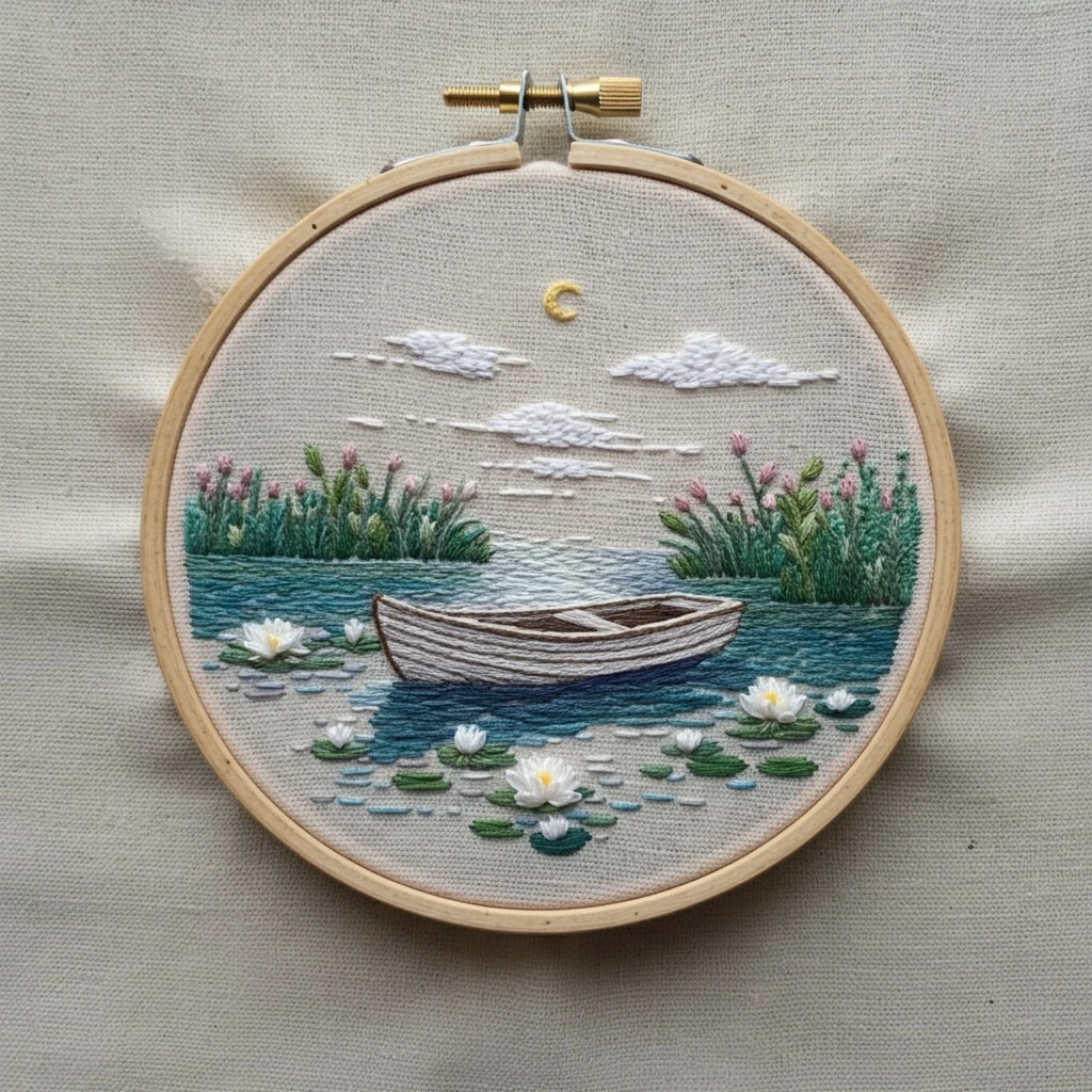 Embroidered Moonlight Lake Scene with Rowboat