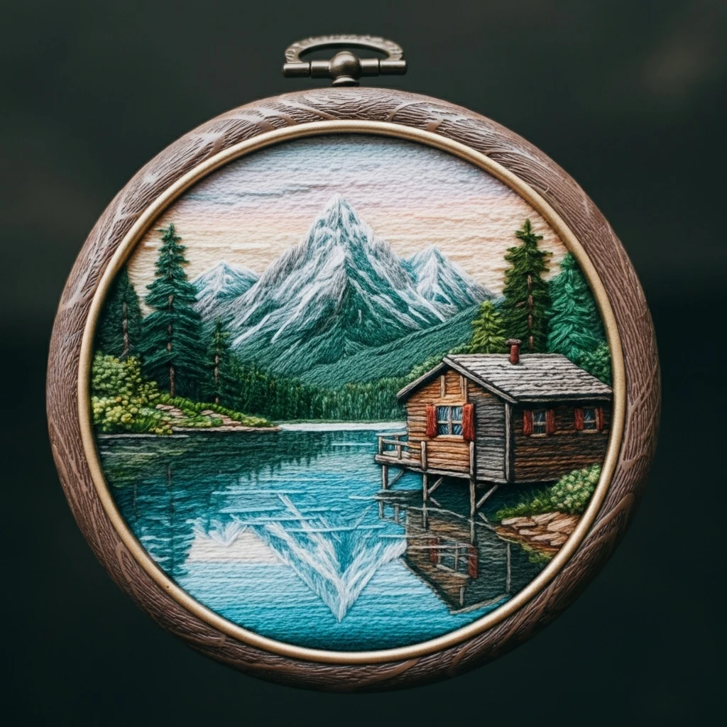 Embroidered Mountain Lake Cabin in Hoop