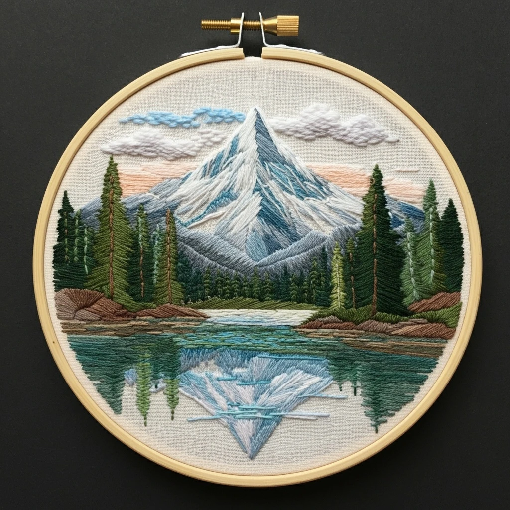 Embroidered Mountain Landscape with Reflection