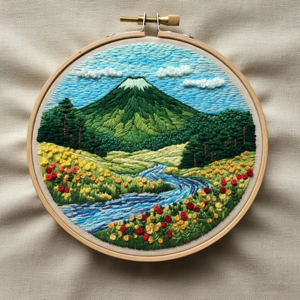 Embroidered Mountain Landscape with River and Wildflowers