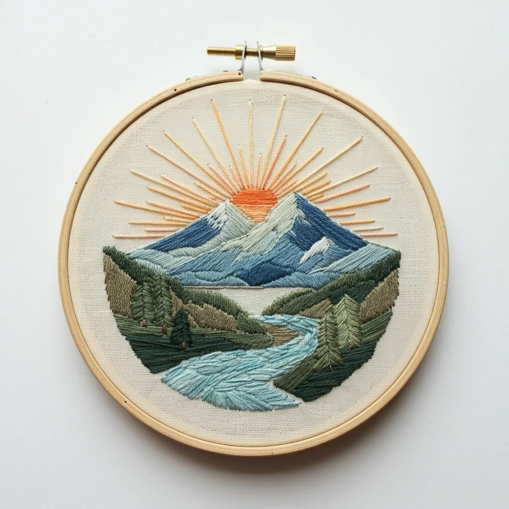 Embroidered Mountain Landscape with Sunrise and River