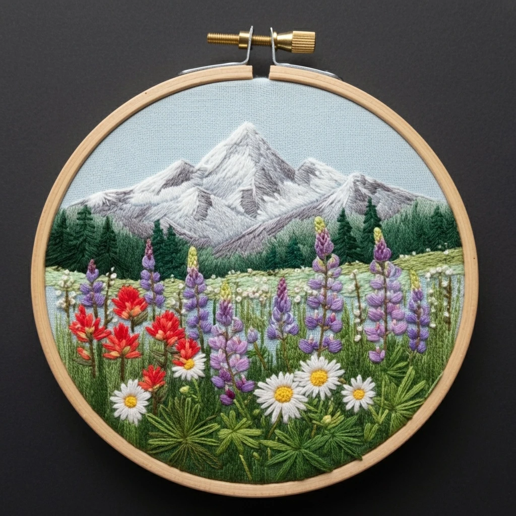 Embroidered Mountain Landscape with Wildflowers