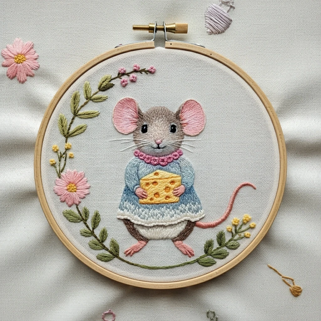Embroidered Mouse with Swiss Cheese in Floral Wreath Hoop