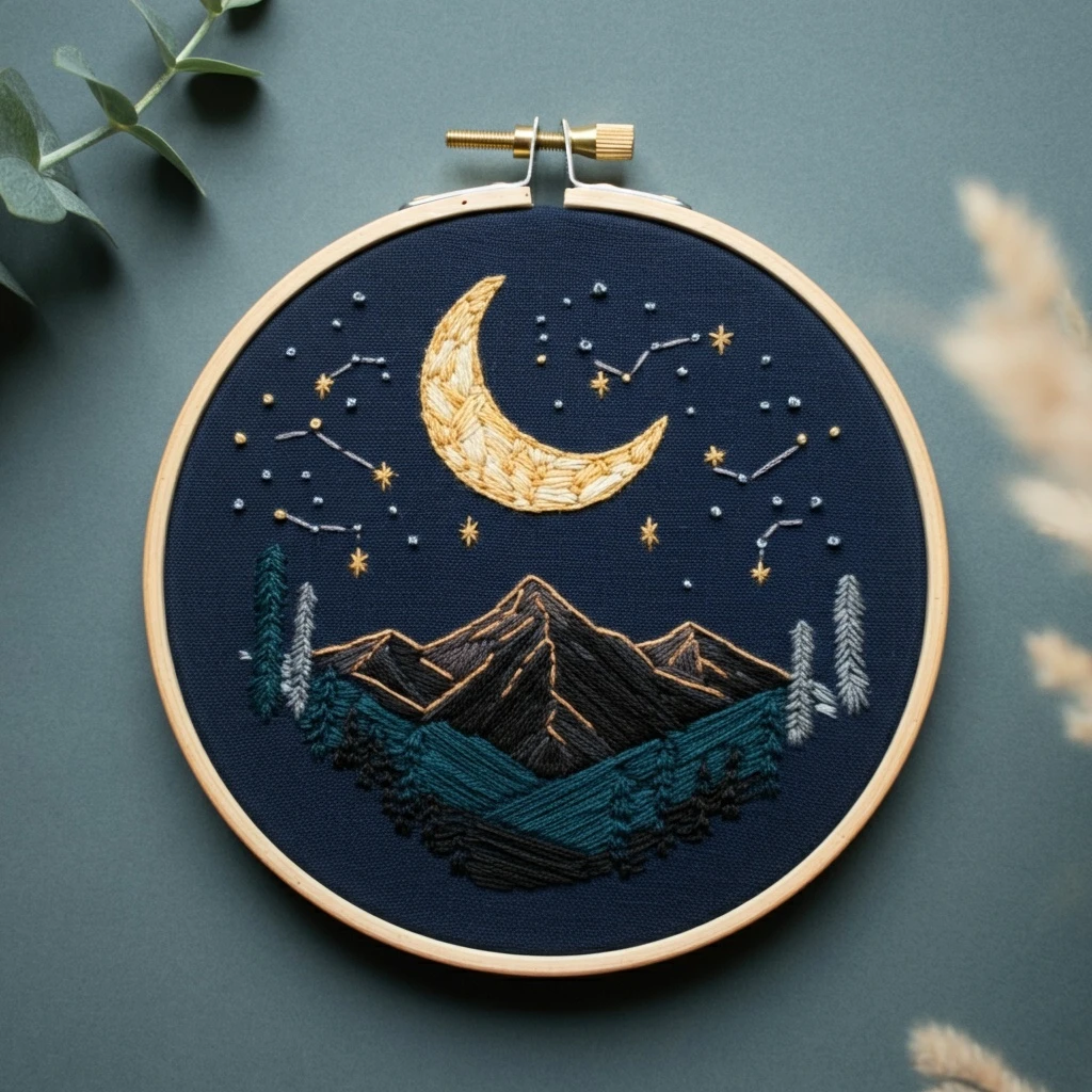 Embroidered Night Sky and Mountain Landscape