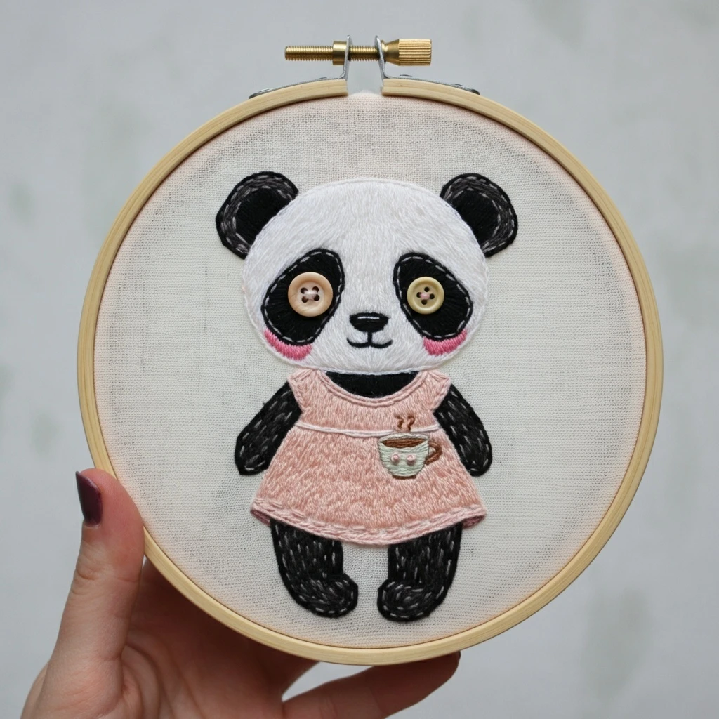 Embroidered Panda in a Pink Dress with Coffee