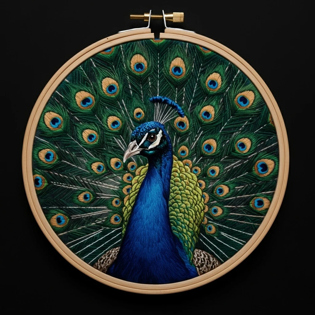 Embroidered Peacock Display in Hoop